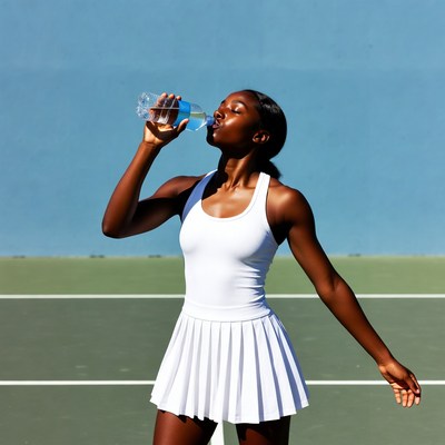 African-American woman drinking water on tennis court