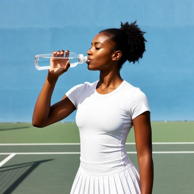 African-American woman drinking water on tennis court