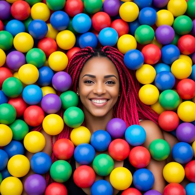 African-American woman smiling in colorful ball pit