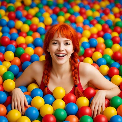 Redhead woman smiling in ball pit