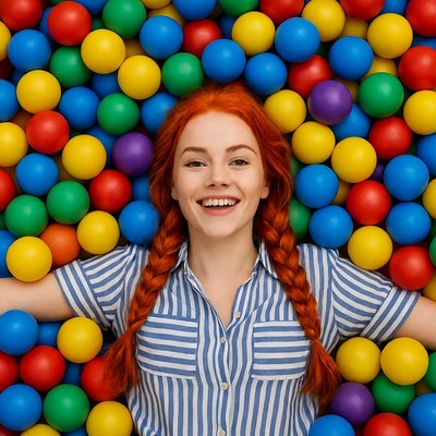 Redhead woman smiling in colorful ball pit