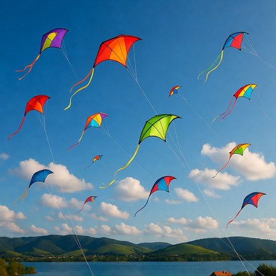 Colorful Kites Flying Over Lake