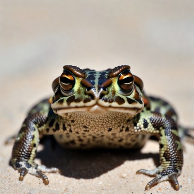 Close-up of green toad on sand