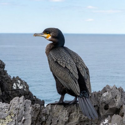 Cormorant standing on ocean rocks