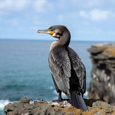 Cormorant perched on ocean cliff