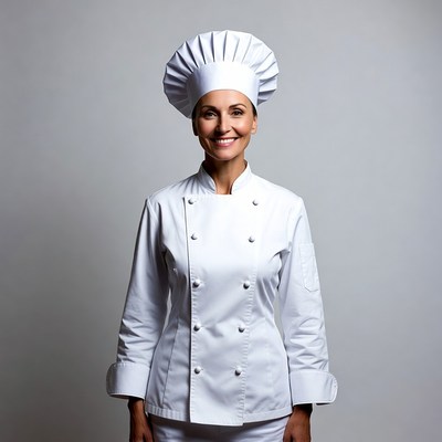 Smiling woman chef in white uniform