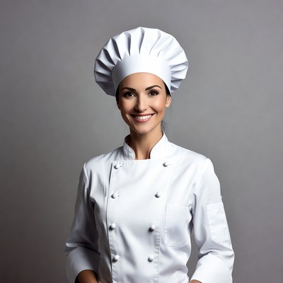 Smiling woman chef in white uniform