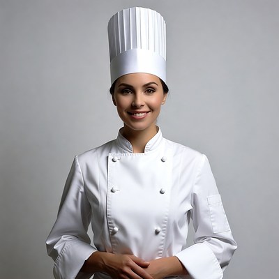 Smiling woman chef in white uniform