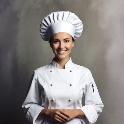 Smiling woman chef in white uniform