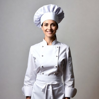 Smiling woman chef in white uniform