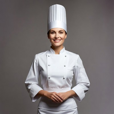 Smiling woman chef in white uniform