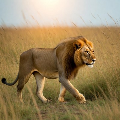 Lion walking in golden grass