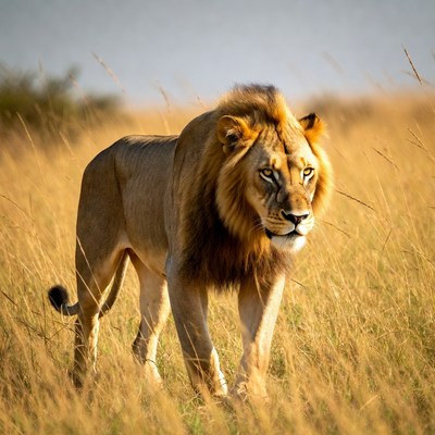 Lion walking in tall grass