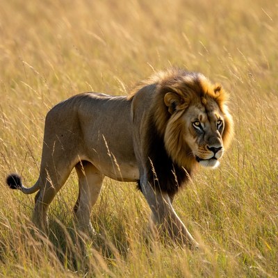 Lion walking in golden grass