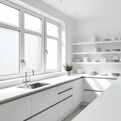 Modern white kitchen with large windows