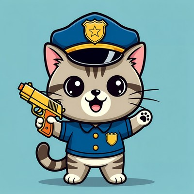 Cartoon cat police officer with gun