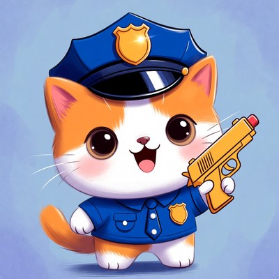 Cute orange cat police officer with toy gun