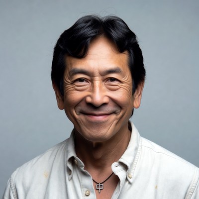 Asian man smiling in white shirt