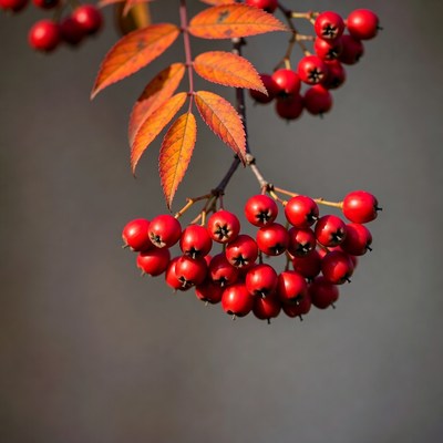 Red Mountain Ash Berries on Autumn Branch