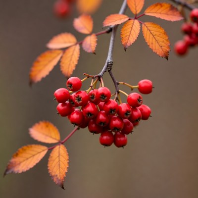 Red Mountain Ash Berries with Autumn Leaves