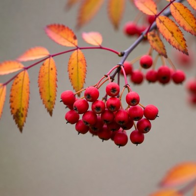 Red Mountain Ash Berries on Autumn Branch