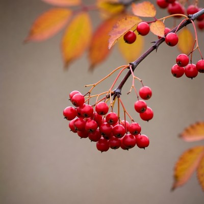 Red Mountain Ash Berries on Autumn Branch