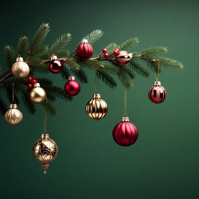 Christmas ornaments on green fir branch