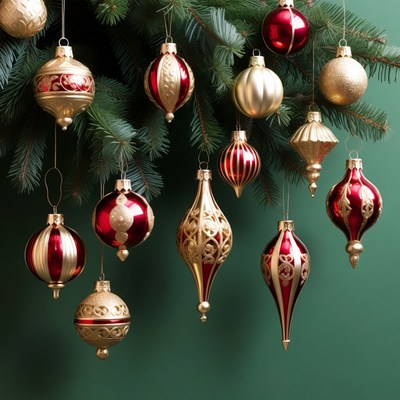 Gold and Red Christmas Ornaments on Fir Branch