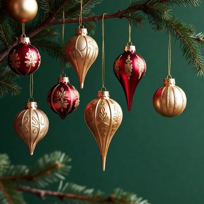 Gold and Red Christmas Ornaments on Pine Branch