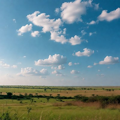 Savanna landscape with blue sky and clouds