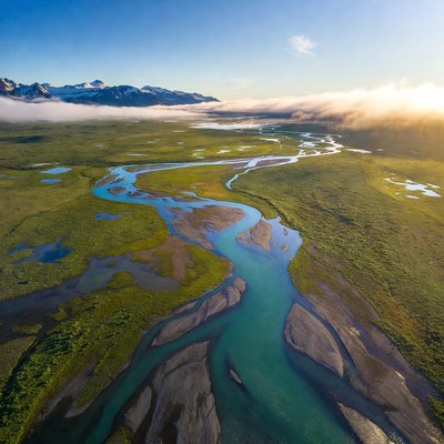 Aerial View of Braided River in Mountains
