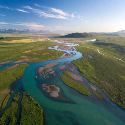 Aerial view of turquoise river in green valley