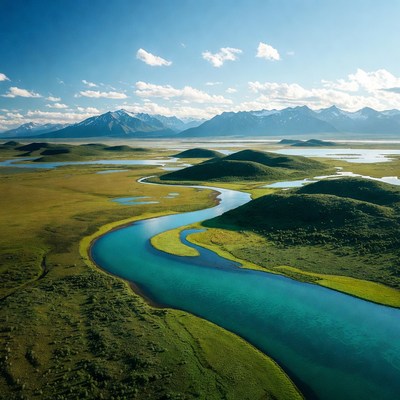 Turquoise River Winding Through Green Valley Mountains