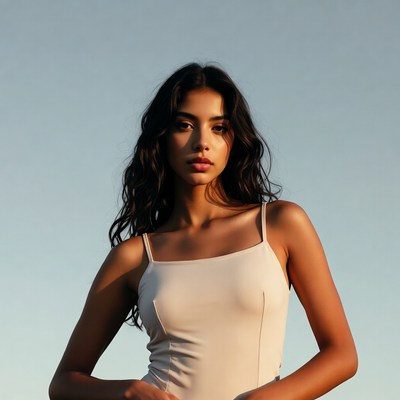 Beautiful woman in beige slip dress