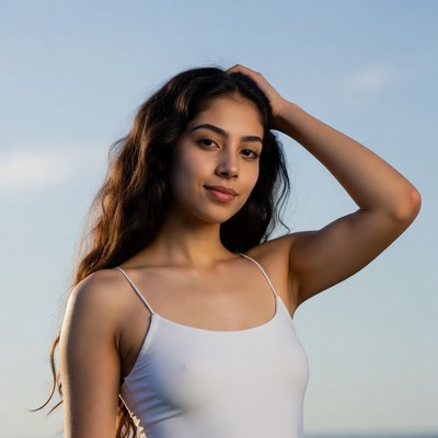 Young woman hand on head smiling
