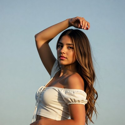 Young Latina woman posing with raised arm
