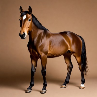 Bay horse standing on brown background