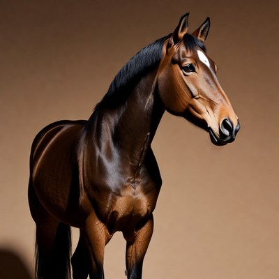 Bay horse with blaze on brown background