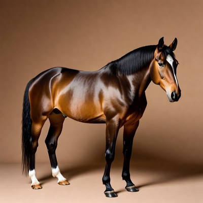Bay horse standing on beige background