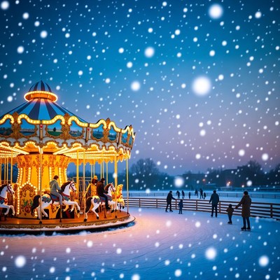 Snowy Carousel with Riders and Spectators