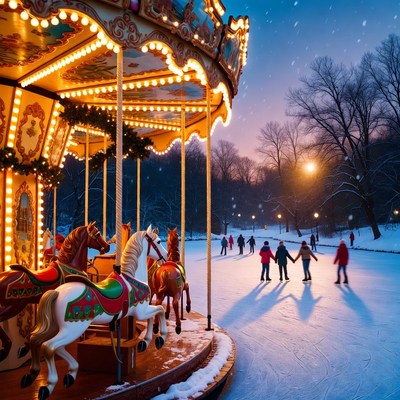 Winter Carousel and Ice Skating Scene