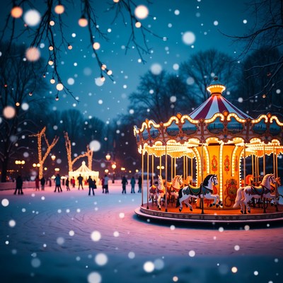 Lit Carousel in Snowy Park