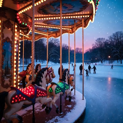 Carousel by Snowy Ice Skating Rink