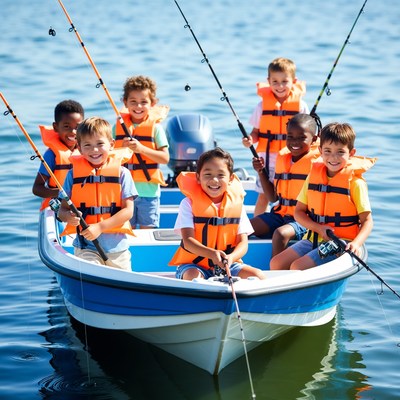 Boys fishing from boat on lake
