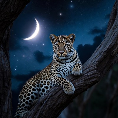 Leopard cub on tree branch at night