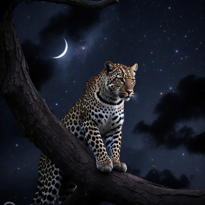Leopard on Tree Under Starry Night Sky