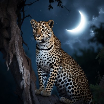 Leopard sitting by tree under moon