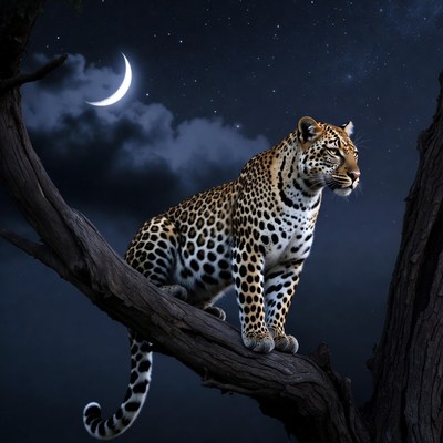 Leopard on tree branch at night