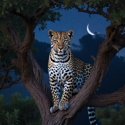Leopard on tree under moon