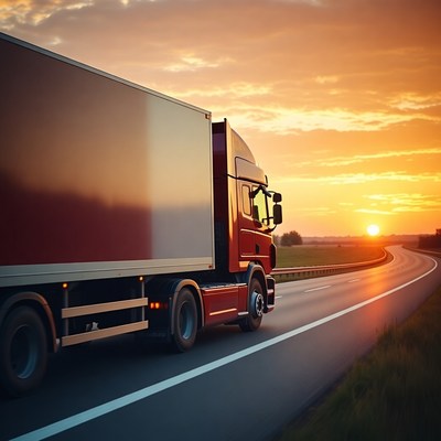 Red Semi Truck Driving at Sunset
